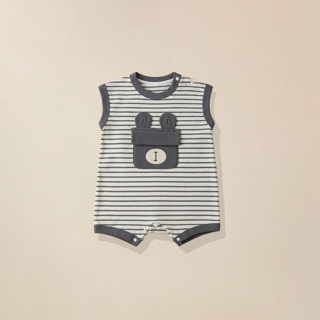 Grey striped sleeveless romper with bunny ear pocket for babies