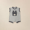Grey striped sleeveless romper with bunny ear pocket for babies