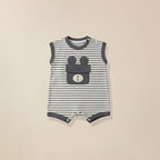 Grey striped sleeveless romper with bunny ear pocket for babies