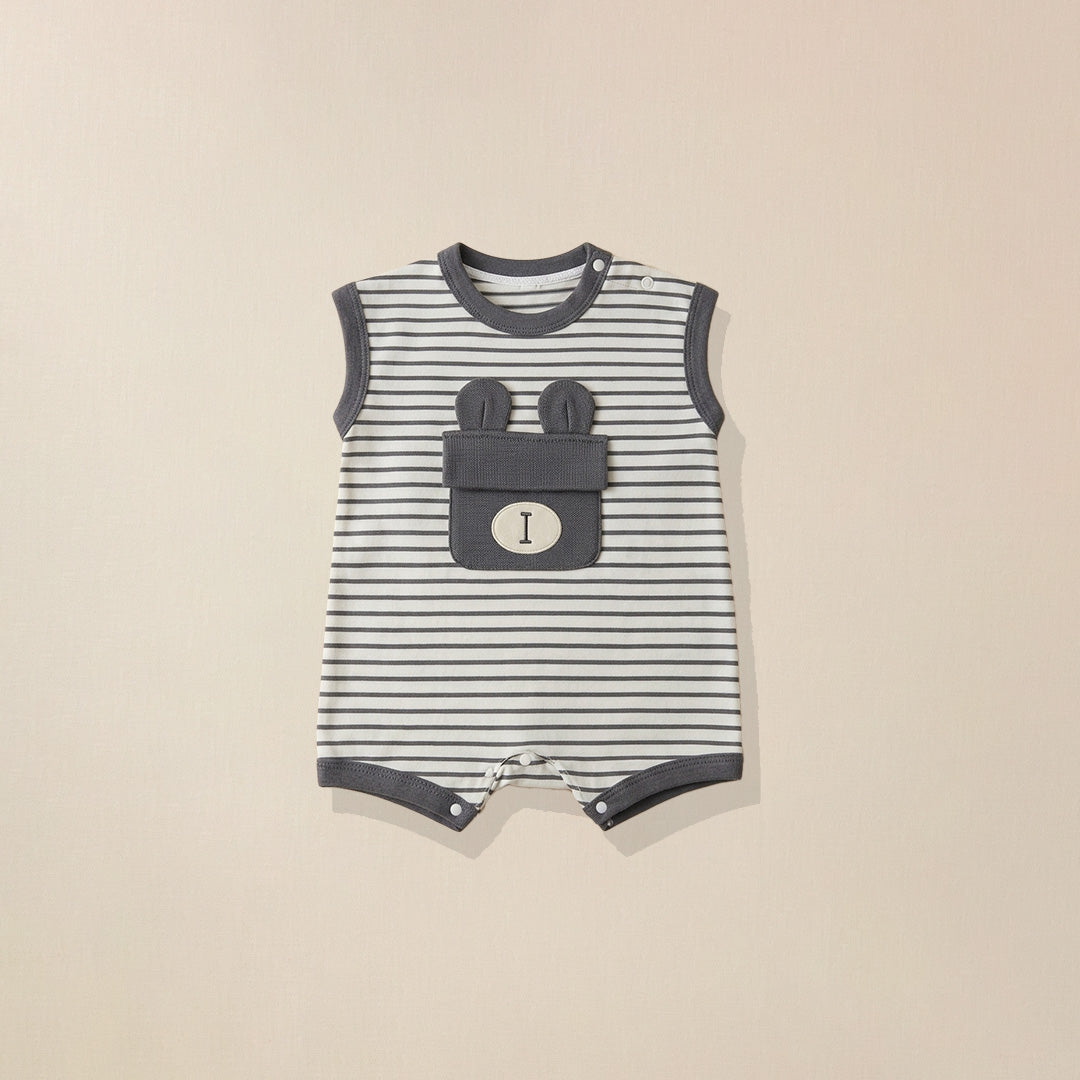 Grey striped sleeveless romper with bunny ear pocket for babies
