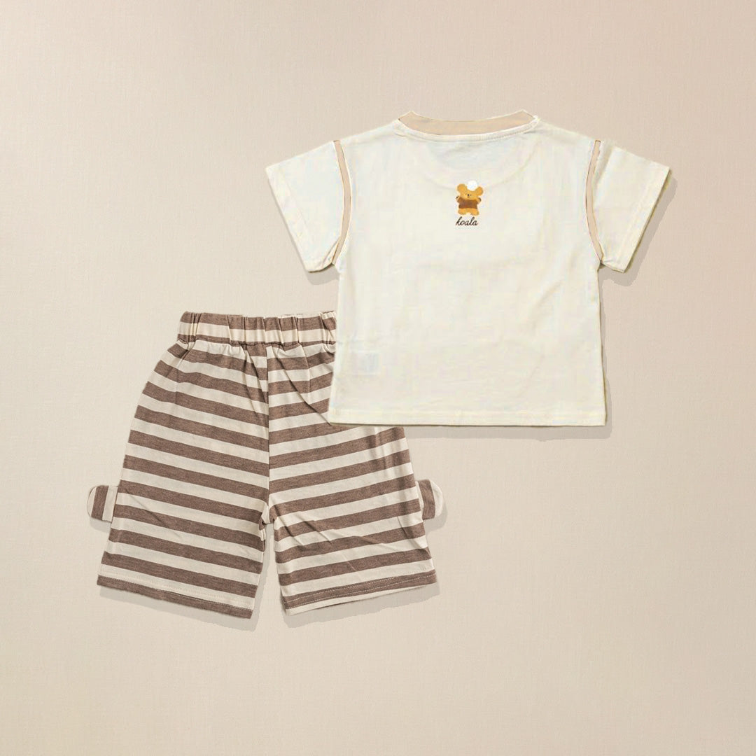 Back view of cream t-shirt with koala graphic and striped shorts set