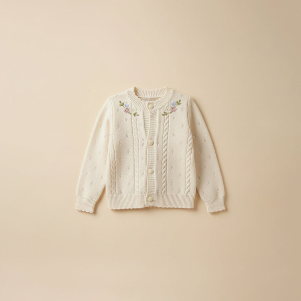 Ivory cable knit cardigan with floral embroidery for girls, flat lay