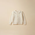 Ivory cable knit cardigan with floral embroidery for girls, flat lay
