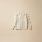 Ivory cable knit cardigan with floral embroidery for girls, flat lay