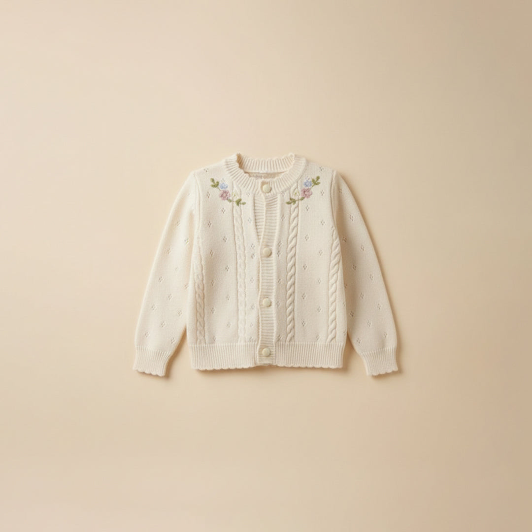 Ivory cable knit cardigan with floral embroidery for girls, flat lay