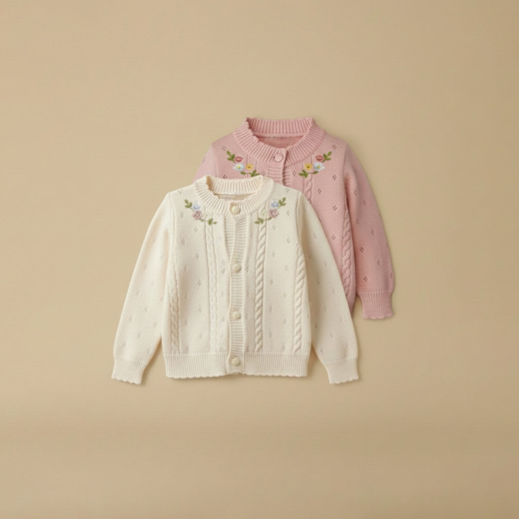 Two children's cardigans, one white and one pink, on a beige background