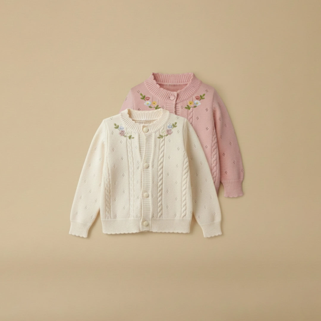 Two children's cardigans, one white and one pink, on a beige background
