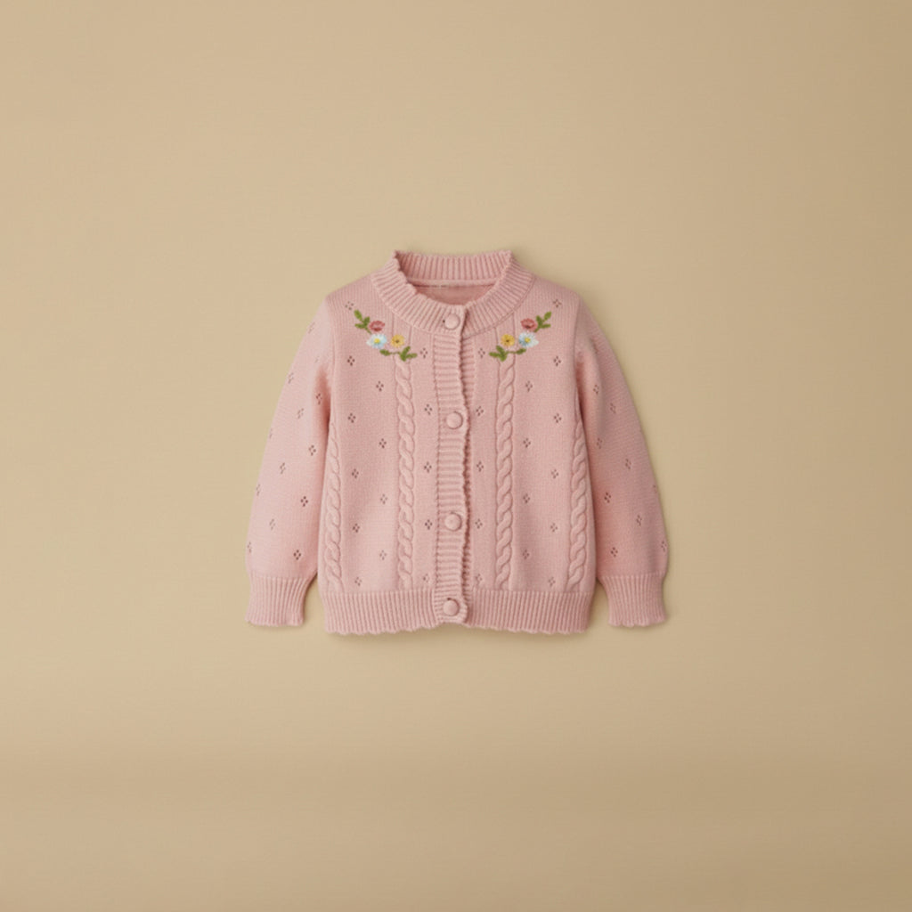 Light dusty pink cardigan with floral embroidery for girls, flat lay