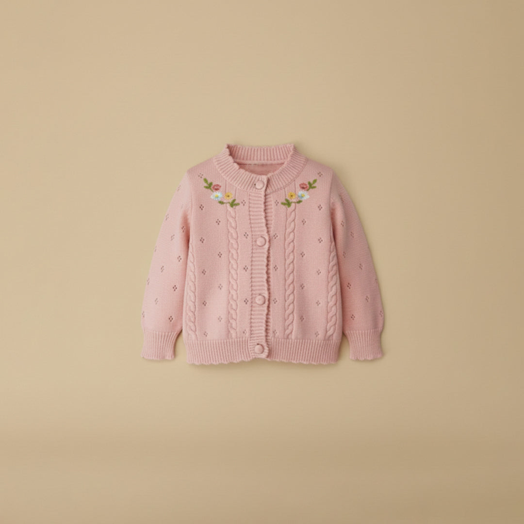 Light dusty pink cardigan with floral embroidery for girls, flat lay