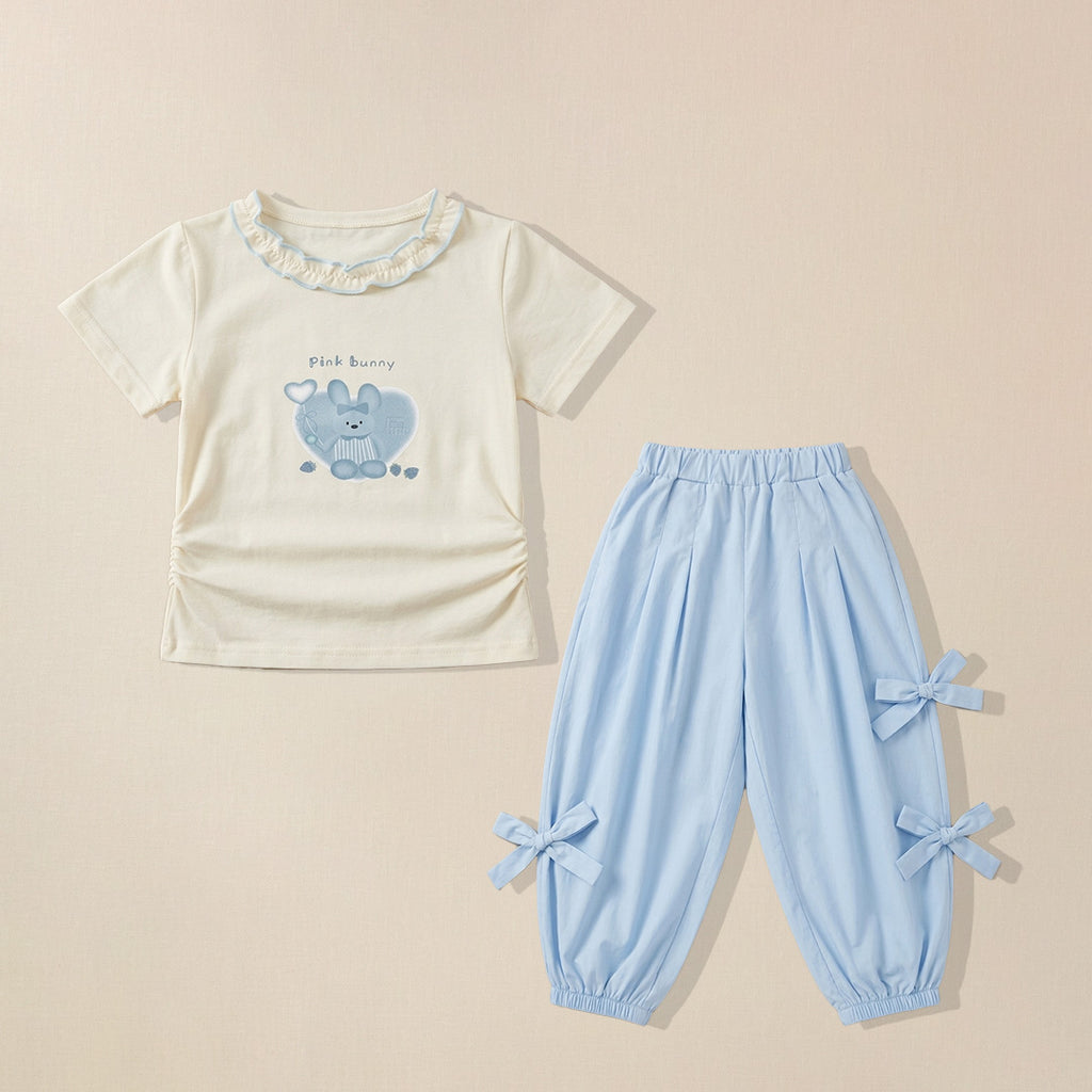 Cream bunny print t-shirt with blue bow-tie pants set for girls