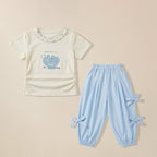 Cream bunny print t-shirt with blue bow-tie pants set for girls