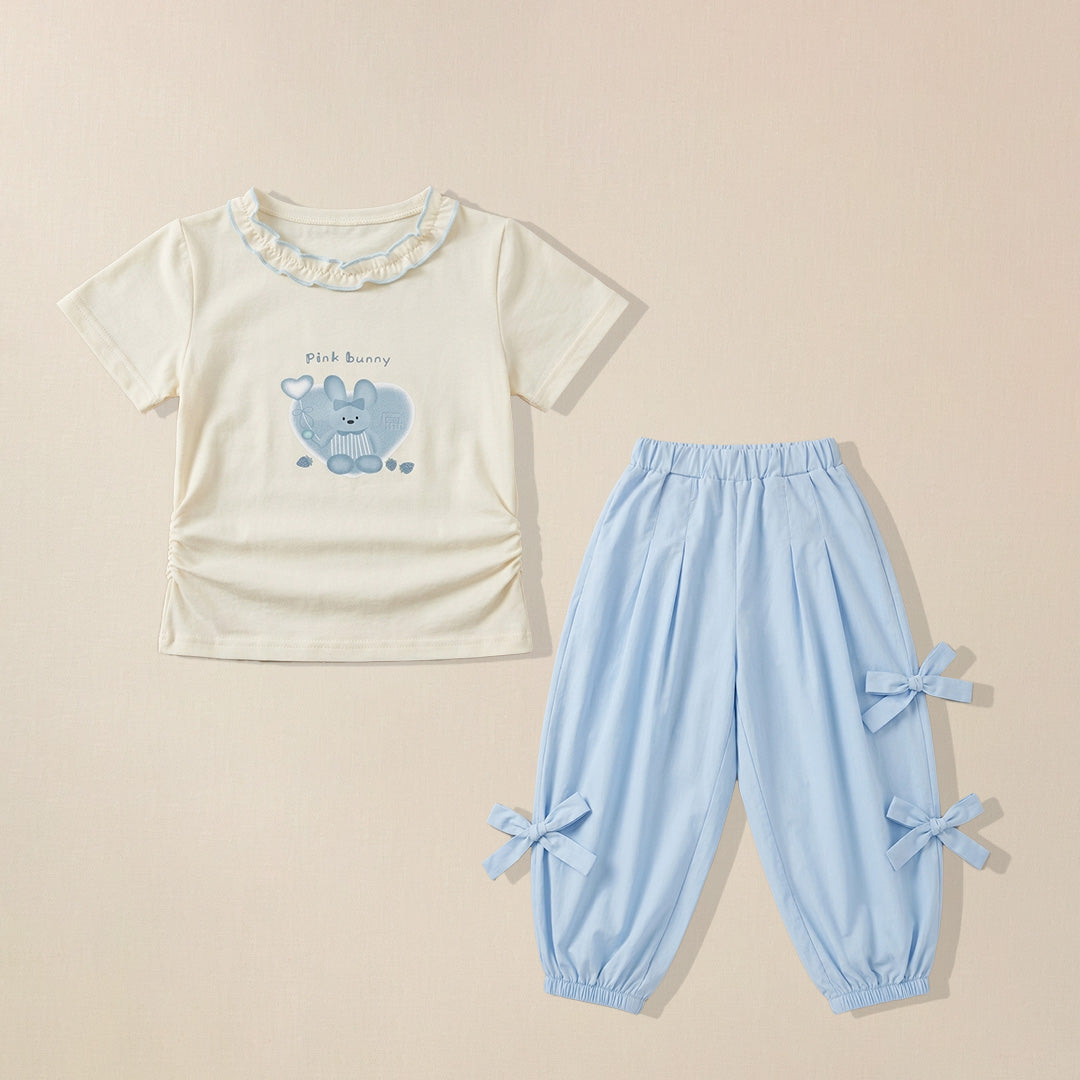 Cream bunny print t-shirt with blue bow-tie pants set for girls