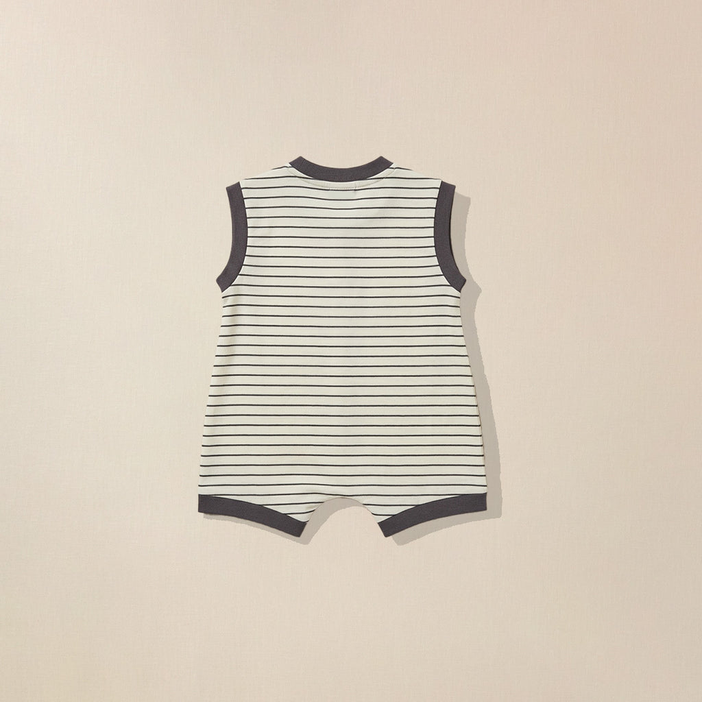 Back view of grey striped romper for babies