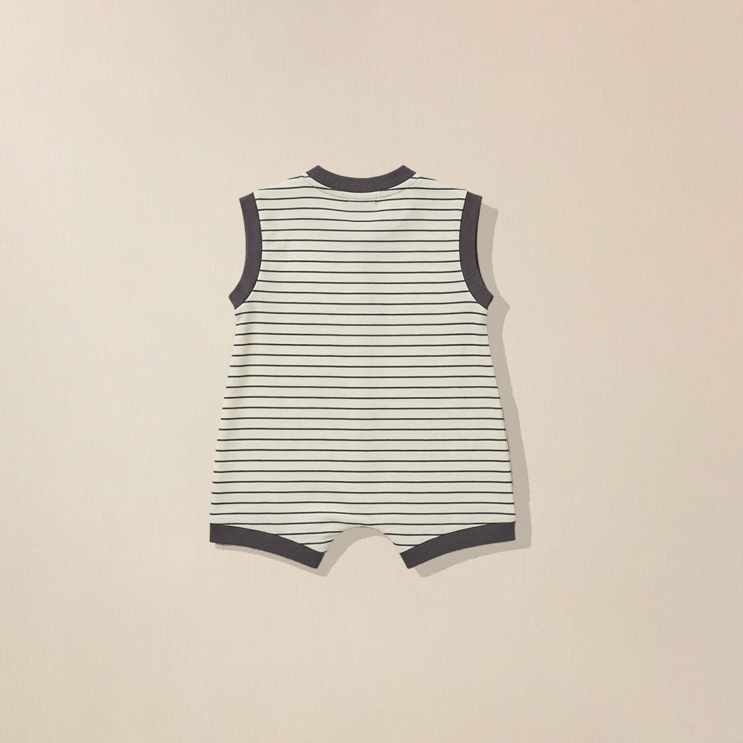 Back view of grey striped romper for babies