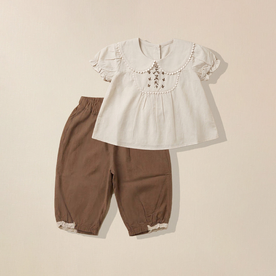 Beige top with floral embroidered collar and brown pants set for girls