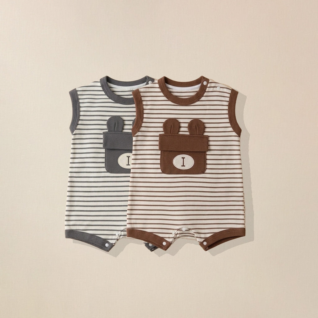 Grey and brown striped baby rompers with bear ear pocket detail