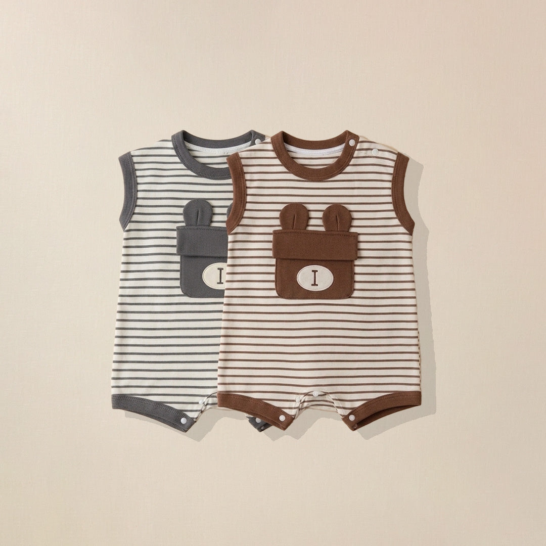 Grey and brown striped baby rompers with bear ear pocket detail
