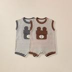 Grey and brown striped baby rompers with bear ear pocket detail