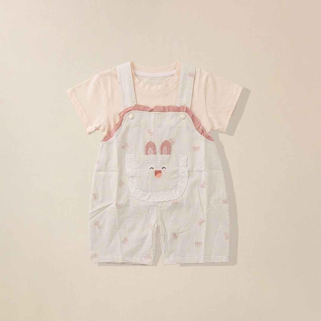 Pink bunny pocket dungaree shorts and cream t-shirt set for kids