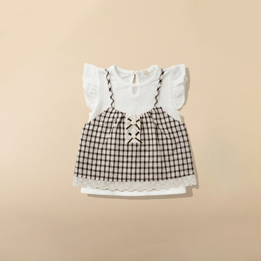 White ruffle sleeve top with beige and brown gingham pinafore for girls