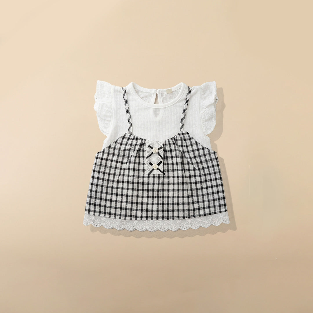 White ruffle sleeve top with black and white gingham pinafore for girls