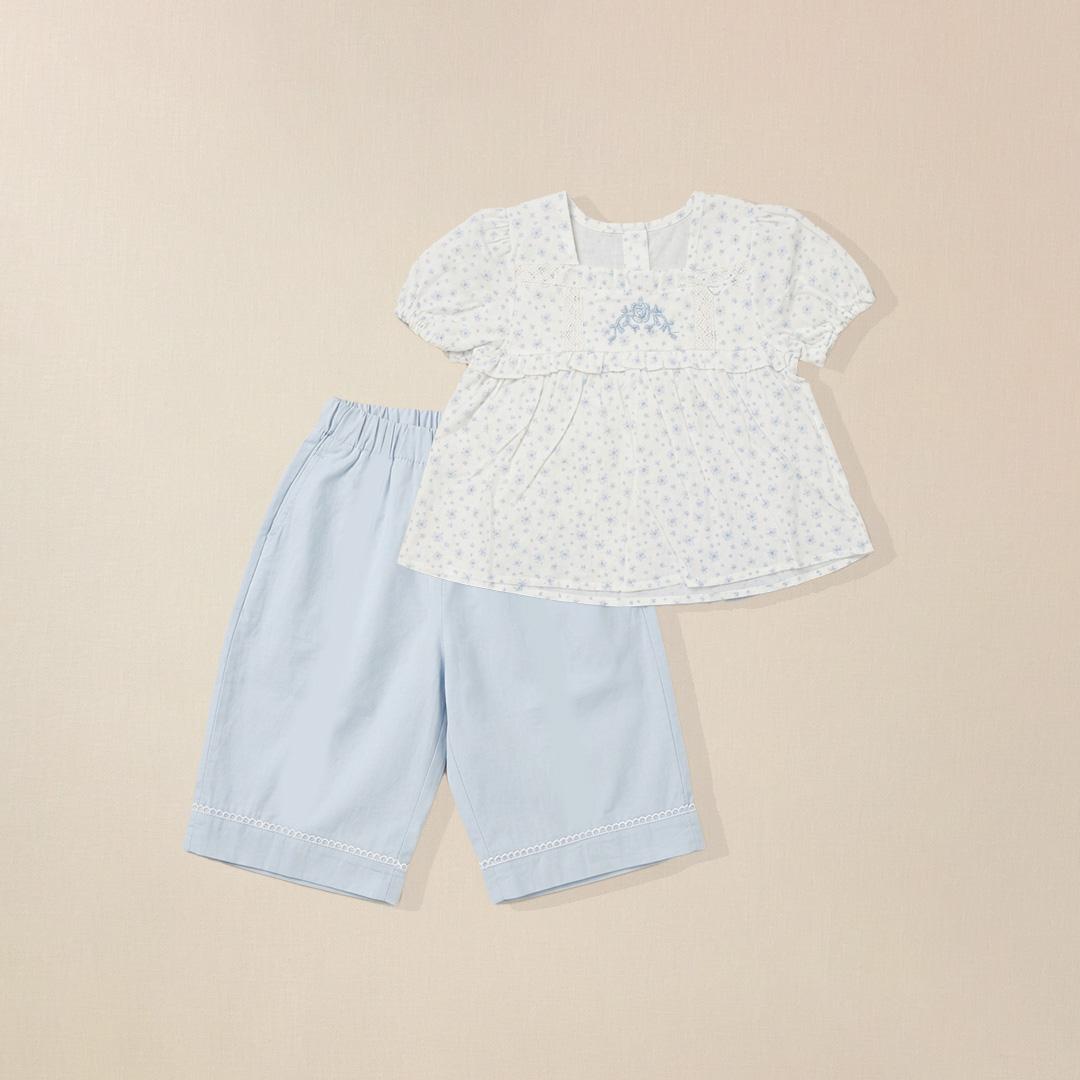Children's outfit with White floral print top with blue embroidery and pants set for girls