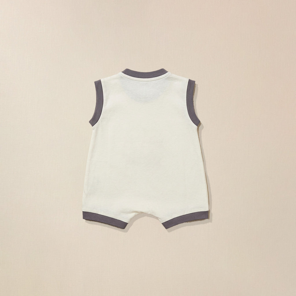 Back view of cream romper with grey trim and elephant print for babies
