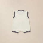 Back view of cream romper with grey trim and elephant print for babies