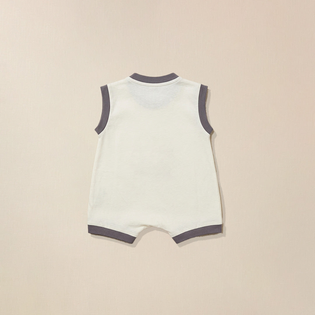Back view of cream romper with grey trim and elephant print for babies