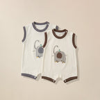 Grey and brown trim rompers with elephant print for babies