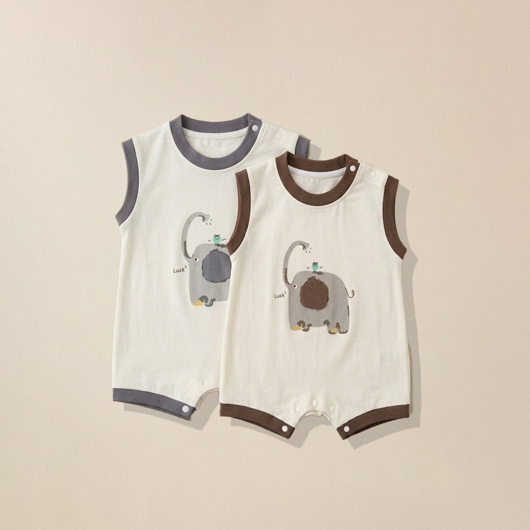 Grey and brown trim rompers with elephant print for babies