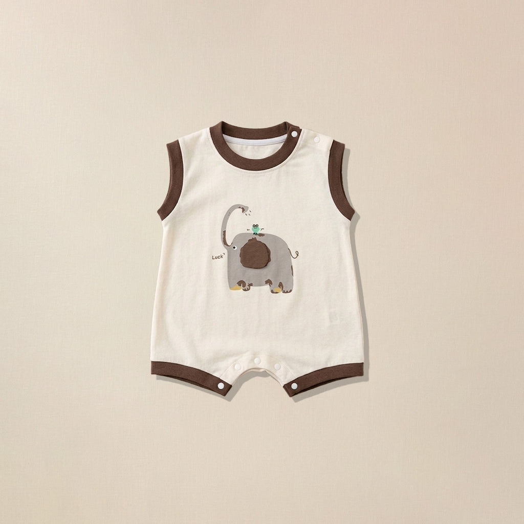 Cream sleeveless romper with brown trim and elephant print for babies