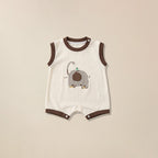 Cream sleeveless romper with brown trim and elephant print for babies