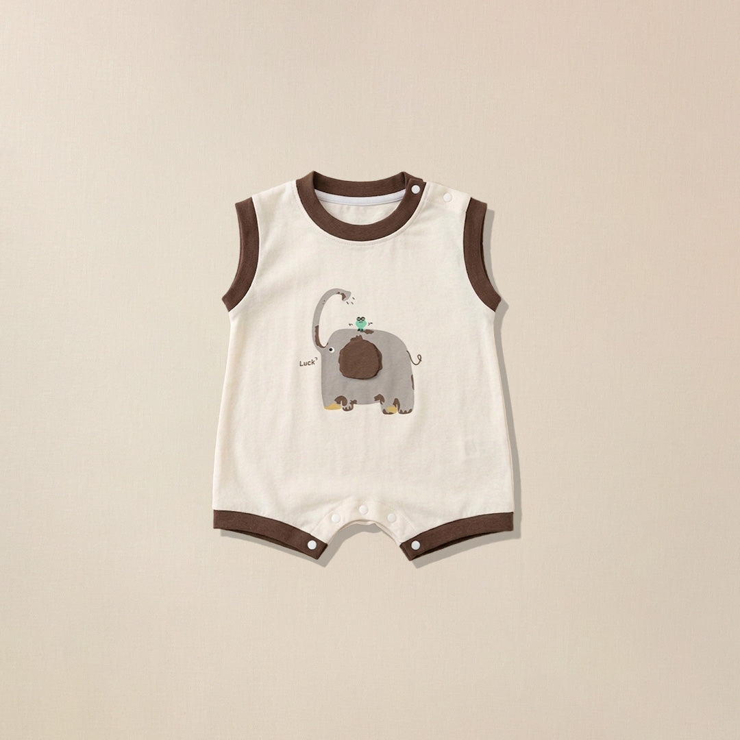 Cream sleeveless romper with brown trim and elephant print for babies