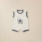 Cream sleeveless romper with grey trim and elephant print for babies