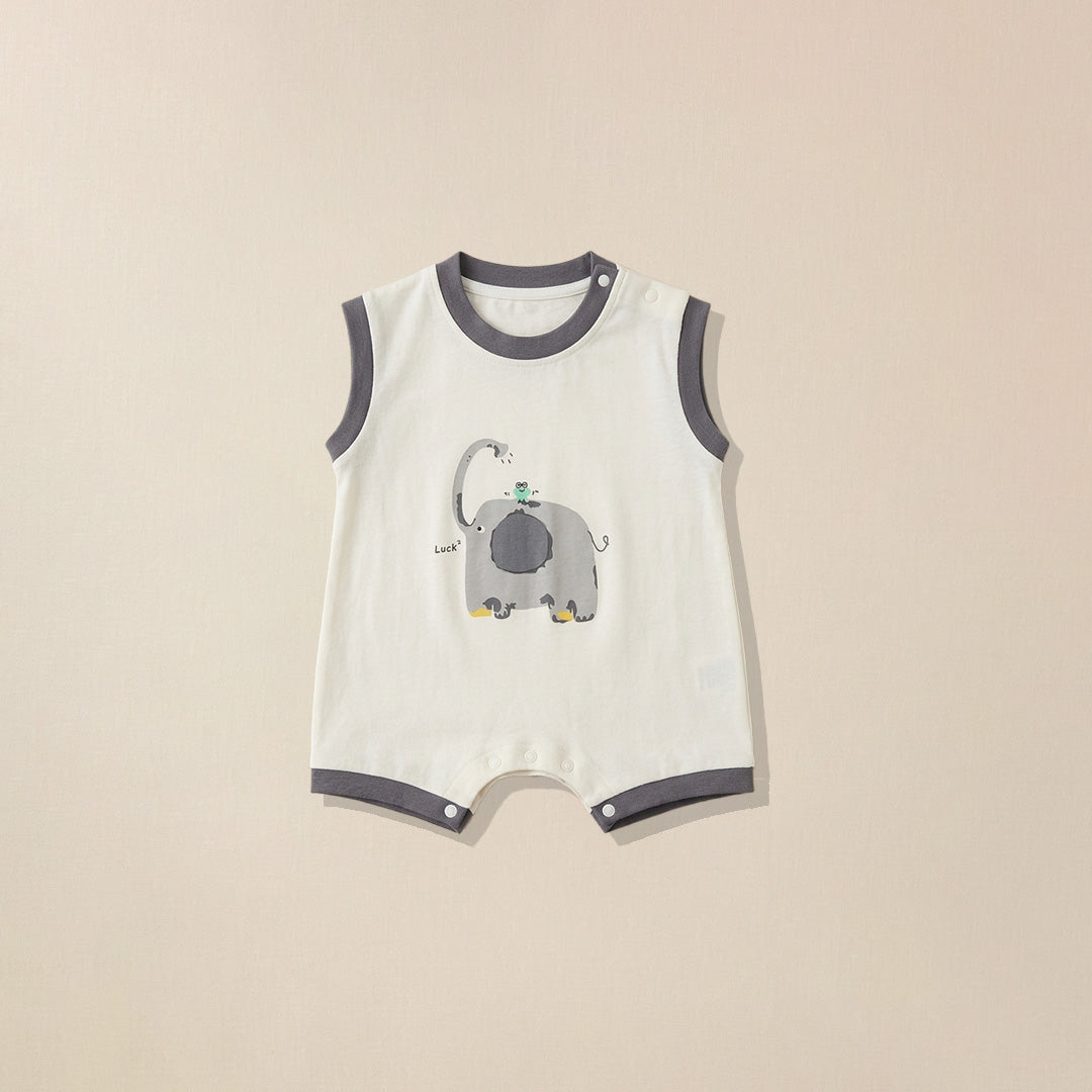 Cream sleeveless romper with grey trim and elephant print for babies