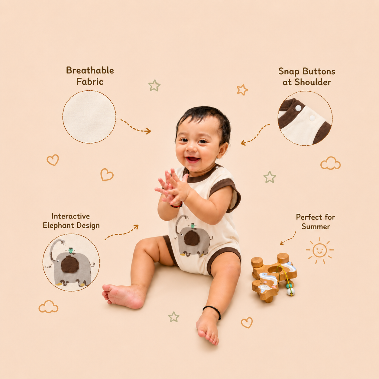 Elephant Sleeveless Romper-Brown