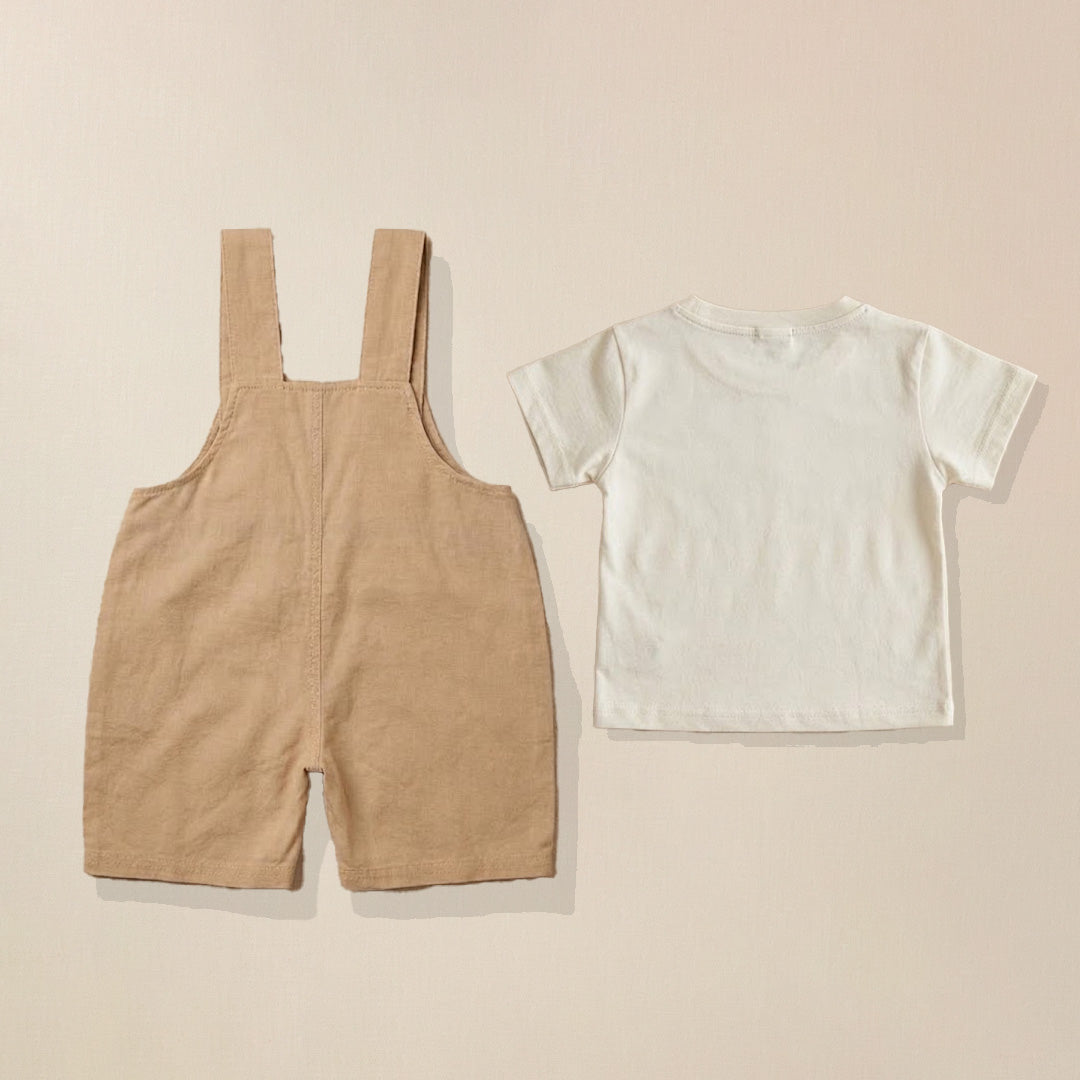 Back view of beige elephant pocket dungaree with white t-shirt for boys