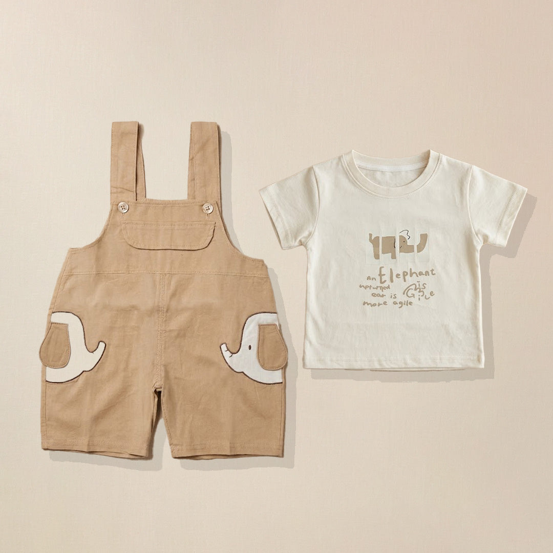 Beige elephant applique dungaree shorts and cream t-shirt with elephant print 