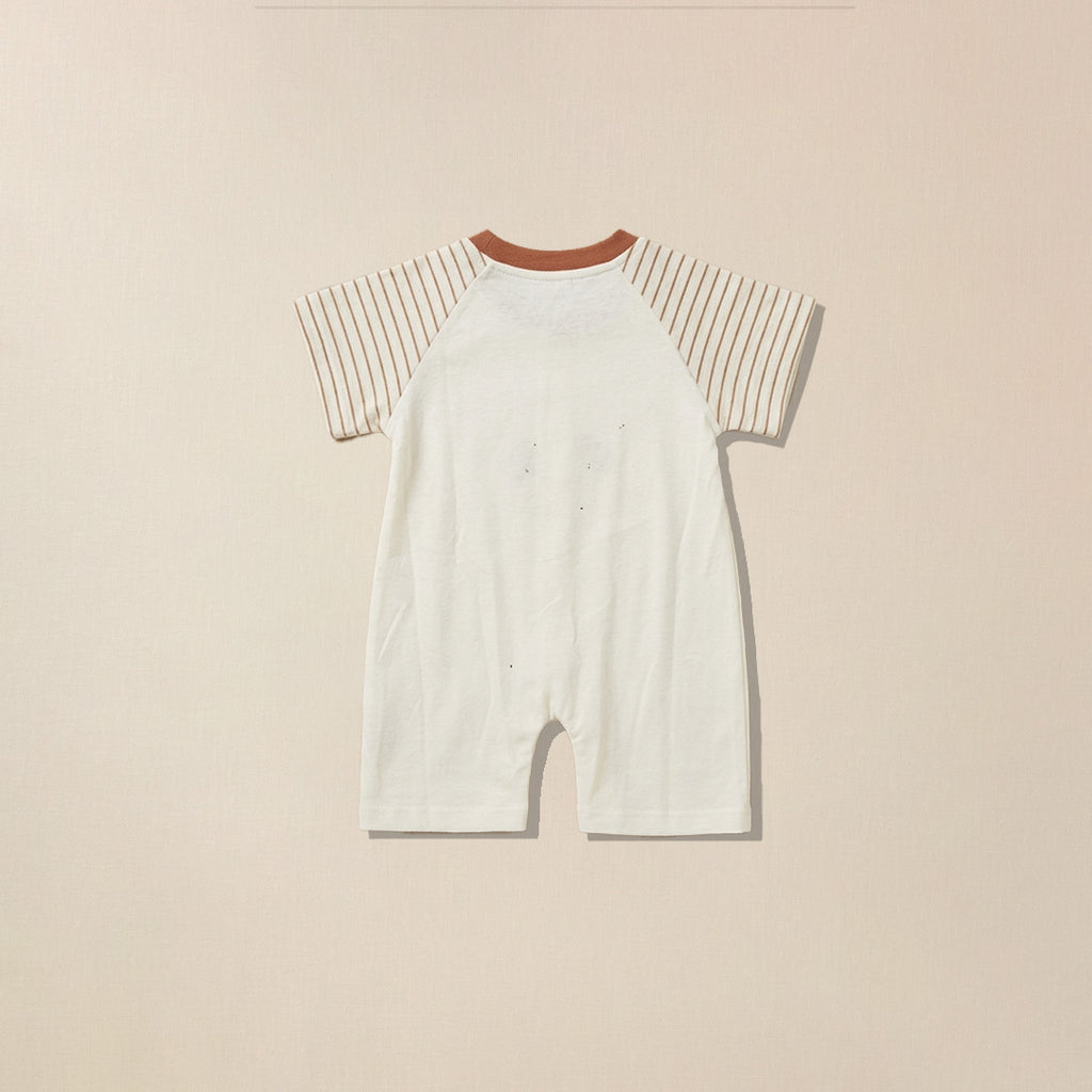 Back view of cream romper with rust striped sleeves for babies
