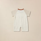 Back view of cream romper with rust striped sleeves for babies