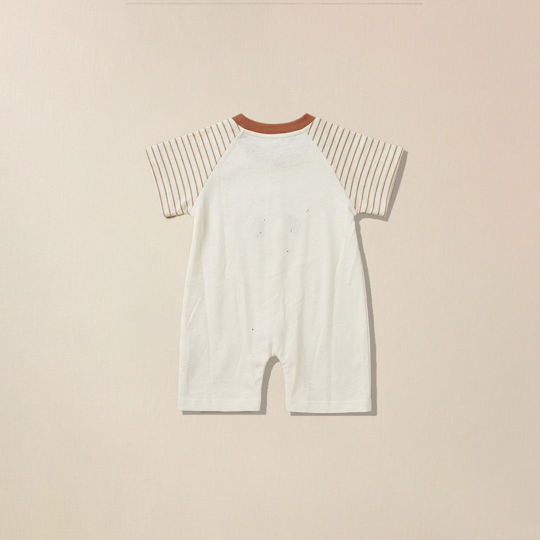 Back view of cream romper with rust striped sleeves for babies