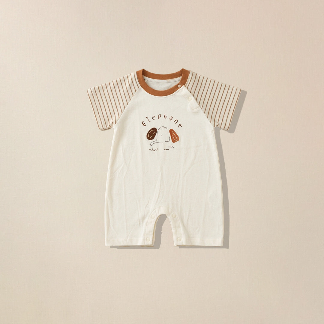 Cream romper with rust striped sleeves and elephant print for babies