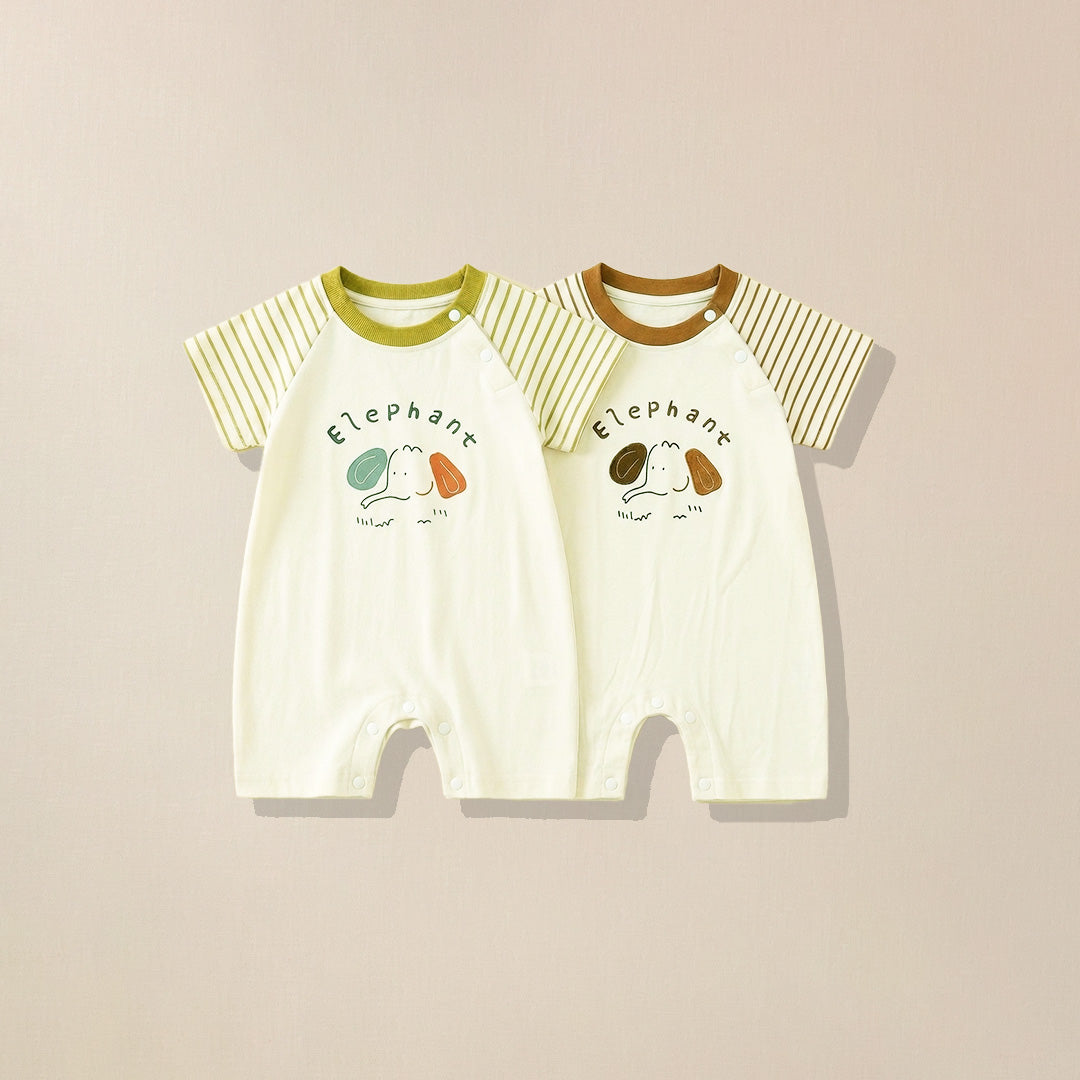 Green and brown striped sleeve rompers with elephant print for babies