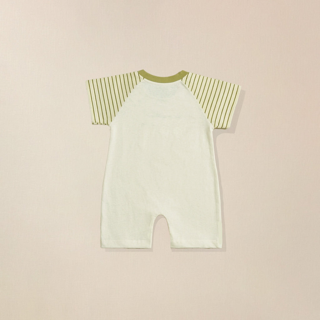 Back view of cream romper with green striped sleeves for babies