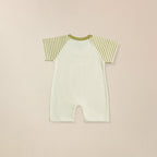 Back view of cream romper with green striped sleeves for babies