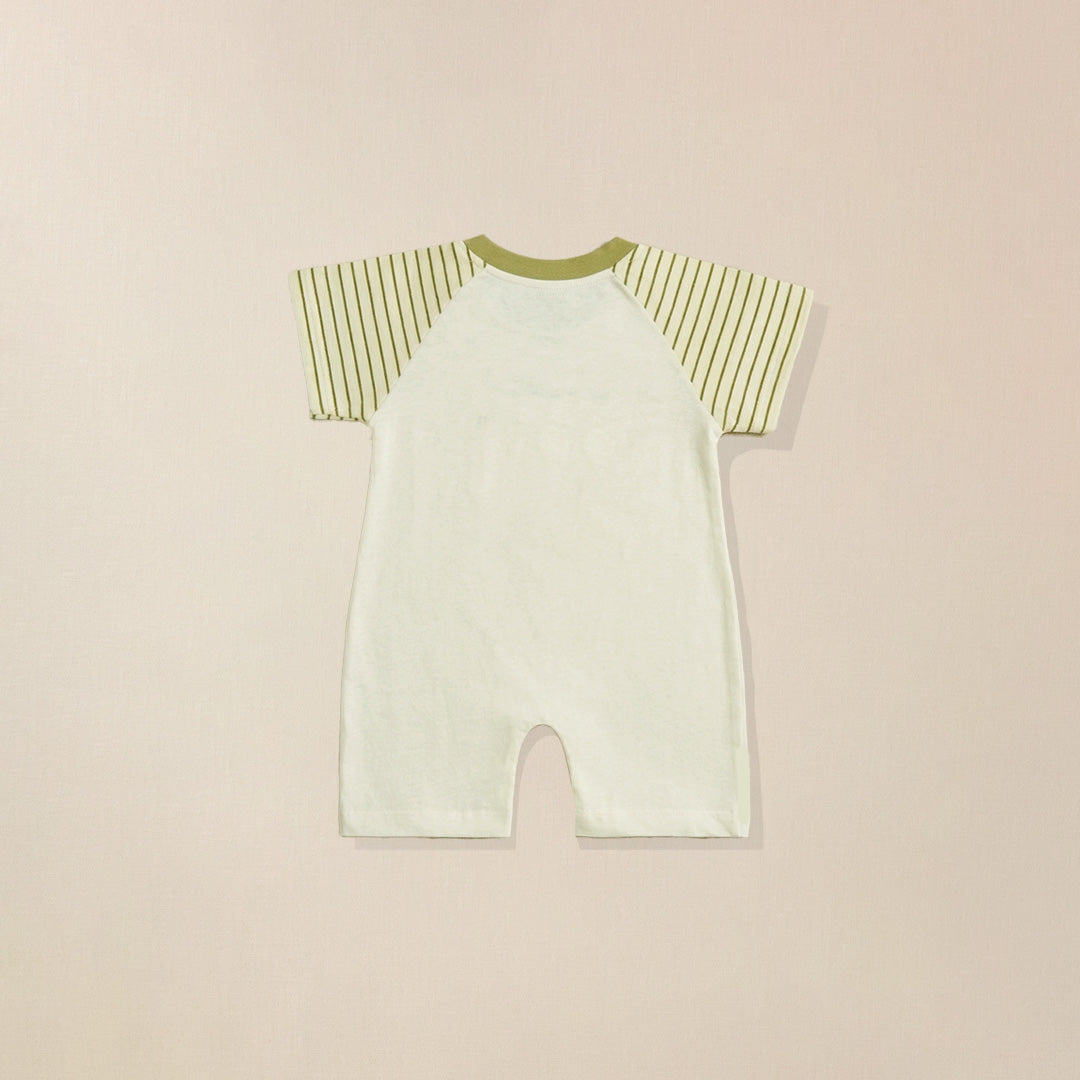 Back view of cream romper with green striped sleeves for babies