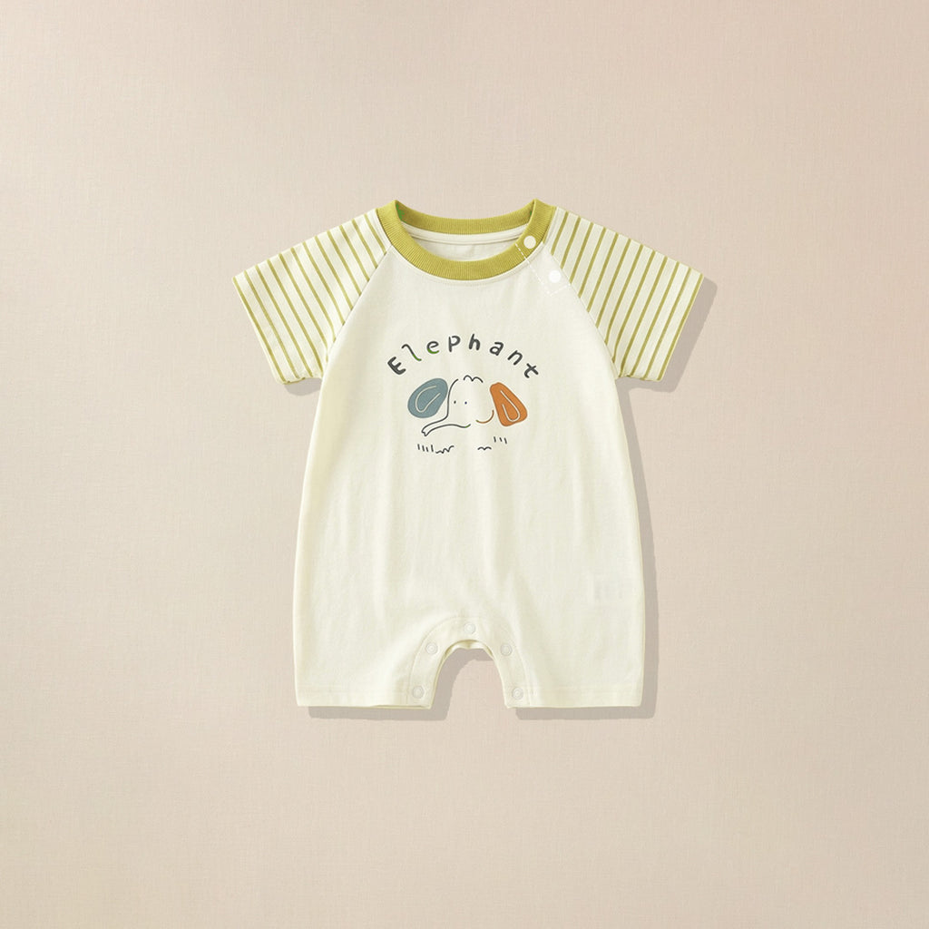 Cream romper with green striped sleeves and elephant print for babies