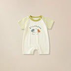 Cream romper with green striped sleeves and elephant print for babies
