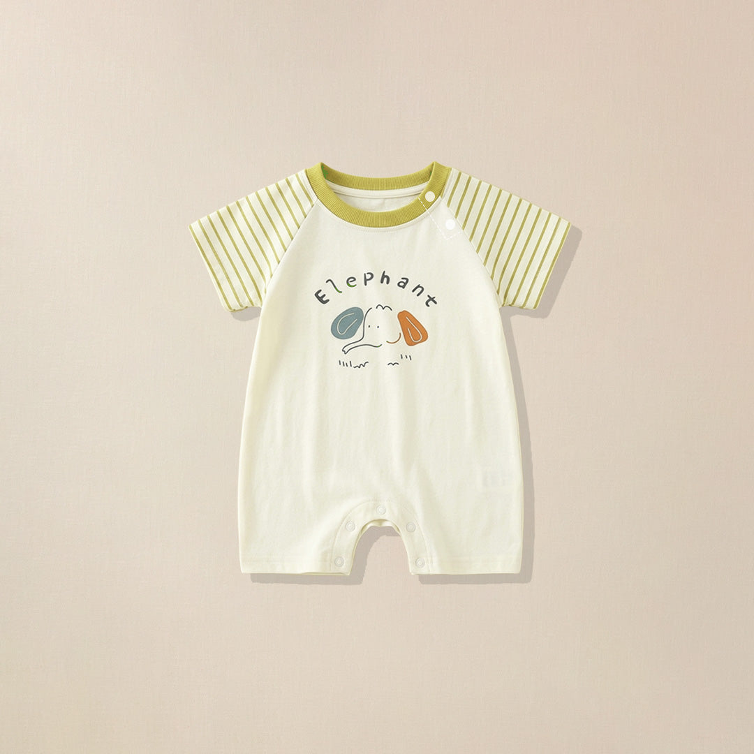 Cream romper with green striped sleeves and elephant print for babies